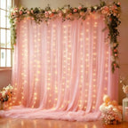 10x10FT Pink Wrinkle Free Backdrop Curtains with Lights String for Parties - Photo Curtain Backdrop with Lights