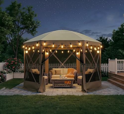 10x10FT Pop-up Canopy Shelter Tent with LED Light, 6-Sided Canopy Tent with Carry Bag and Stakes, Screen House