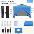 10x10ft Pop-Up Canopy Tent with 4 Side Walls - Easy Setup, Outdoor Portable Gazebo with 4 Ropes, 8 Stakes, 4, alternate view