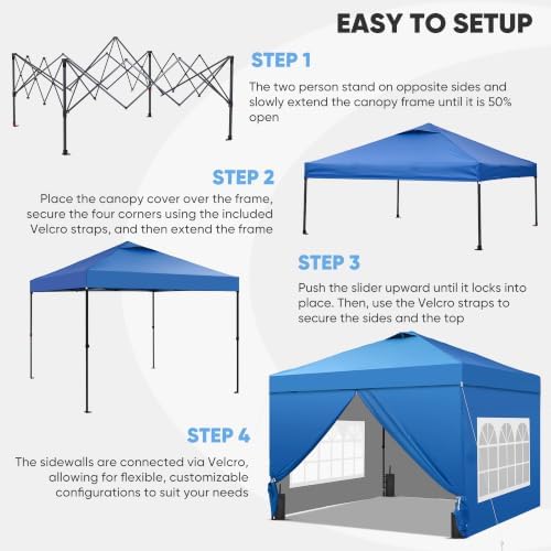 10x10ft Pop-Up Canopy Tent with 4 Side Walls - Easy Setup, Outdoor Portable Gazebo with 4 Ropes, 8 Stakes, 4, alternate view