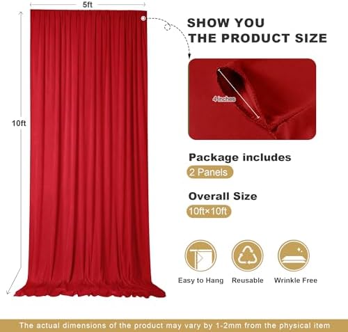 10x10ft Red Backdrop Curtains for Parties, 2 Panels 5x10ft Wrinkle-Free Polyester Background Curtains for, alternate view 5