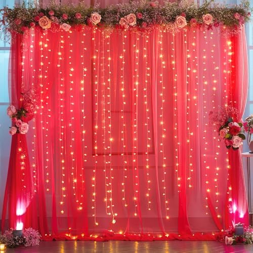 10x10ft Red Tulle Backdrop Curtain with Lights String for Parites, Sheer Photo Backdrop Curtains with Lights for
