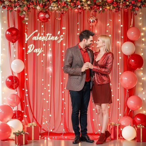 10x10ft Red Tulle Backdrop Curtain with Lights String for Parites, Sheer Photo Backdrop Curtains with Lights for, alternate