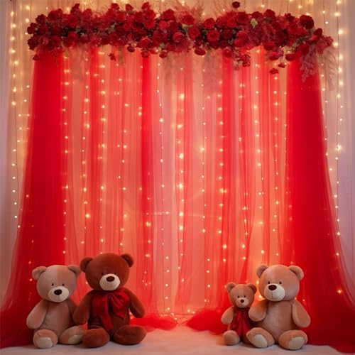 10x10ft Red Tulle Backdrop Curtain with Lights String for Parites, Sheer Photo Backdrop Curtains with Lights for, alternate