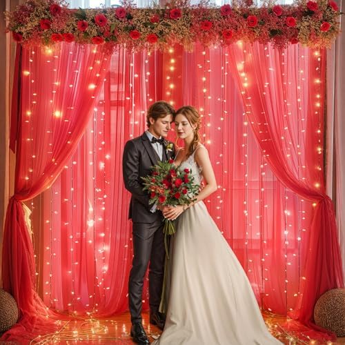 10x10ft Red Tulle Backdrop Curtain with Lights String for Parites, Sheer Photo Backdrop Curtains with Lights for, alternate