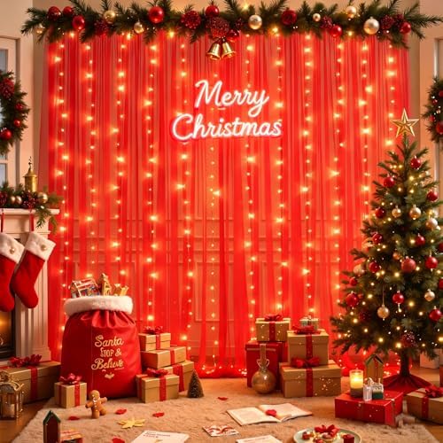 10x10ft Red Tulle Backdrop Curtain with Lights String for Parites, Sheer Photo Backdrop Curtains with Lights for, alternate