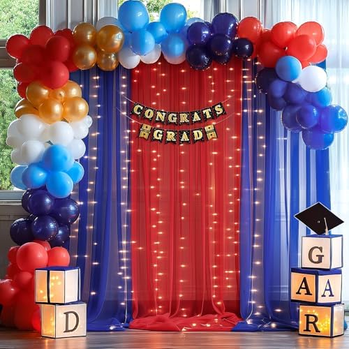 10x10ft Royal Blue Red Tulle Backdrop Curtain with Lights String for Parites, Sheer Backdrop Curtains for, alternate view 2