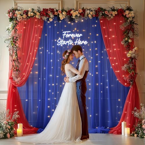 10x10ft Royal Blue Red Tulle Backdrop Curtain with Lights String for Parites, Sheer Backdrop Curtains for, alternate view 4