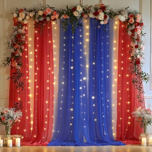 10x10ft Royal Blue Red Tulle Backdrop Curtain with Lights String for Parites, Sheer Photo Backdrop Curtains with, alternate