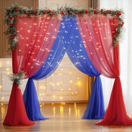 10x10ft Royal Blue Red Tulle Backdrop Curtain with Lights String for Parites, Sheer Photo Backdrop Curtains with, alternate