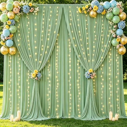 10x10ft Sage Green Backdrop Curtain with Lights String for Parties 2 Panels in 5'(W) x 10'(H), 2 panels in Sage
