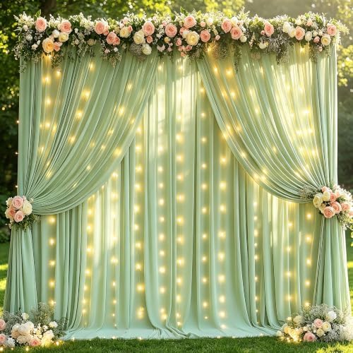 10x10ft Sage Green Backdrop Curtain with Lights String for Parties 2 Panels in 5'(W) x 10'(H), 2 panels in Sage, alternate