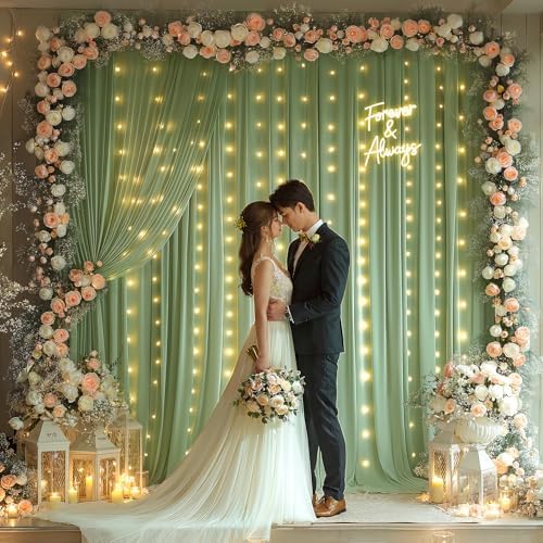 10x10ft Sage Green Backdrop Curtain with Lights String for Parties 2 Panels in 5'(W) x 10'(H), 2 panels in Sage, alternate