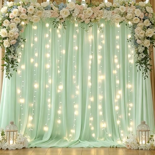 10x10ft Sage Green Chiffon Backdrop Curtain with Lights String for Wedding Sheer Tulle Curtain Photo Backdrops