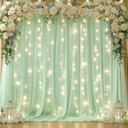 10x10ft Sage Green Chiffon Backdrop Curtain with Lights String for Wedding Sheer Tulle Curtain Photo Backdrops