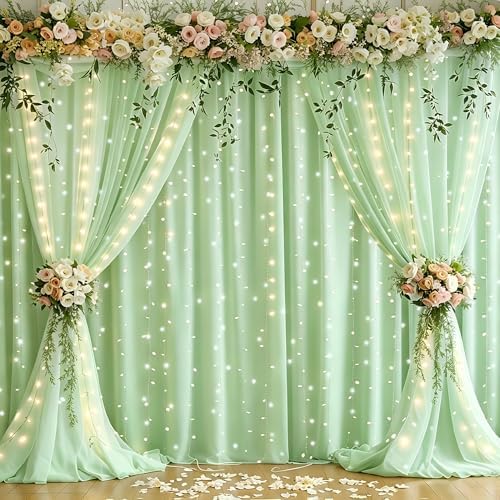 10x10ft Sage Green Chiffon Backdrop Curtain with Lights String for Wedding Sheer Tulle Curtain Photo Backdrops, alternate