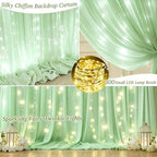 10x10ft Sage Green Chiffon Backdrop Curtain with Lights String for Wedding Sheer Tulle Curtain Photo Backdrops, alternate