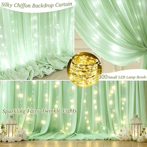 10x10ft Sage Green Chiffon Backdrop Curtain with Lights String for Wedding Sheer Tulle Curtain Photo Backdrops, alternate