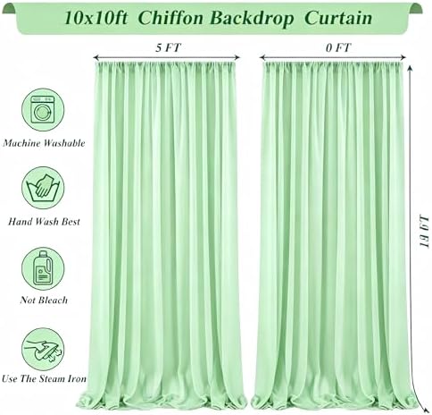 10x10ft Sage Green Chiffon Backdrop Curtain with Lights String for Wedding Sheer Tulle Curtain Photo Backdrops, alternate