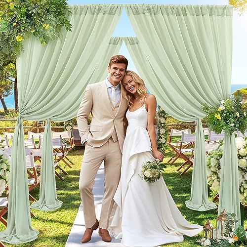 10x10ft Sage Green Chiffon Sheer Backdrop Curtains, Wrinkle-Free Wedding Backdrop Drapes for Birthday Party