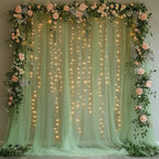 10x10ft Sage Green Tulle Backdrop Curtain with String Lights, Wrinkle-Free Sheer Wedding Backdrop for Birthday