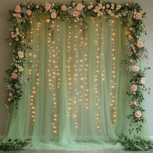 10x10ft Sage Green Tulle Backdrop Curtain with String Lights, Wrinkle-Free Sheer Wedding Backdrop for Birthday