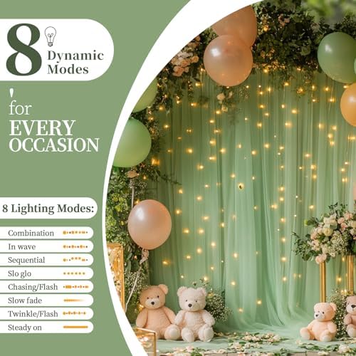 10x10ft Sage Green Tulle Backdrop Curtain with String Lights, Wrinkle-Free Sheer Wedding Backdrop for Birthday, alternate