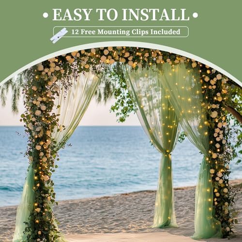 10x10ft Sage Green Tulle Backdrop Curtain with String Lights, Wrinkle-Free Sheer Wedding Backdrop for Birthday, alternate