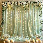 10x10ft Sage Green Tulle Backdrop Curtains with Lights String for Party, Wrinkle Free Sheer Curtain Wedding