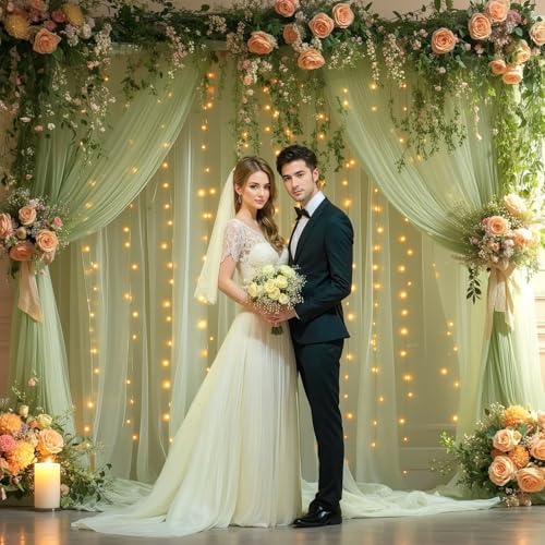 10x10ft Sage Green Tulle Backdrop Curtains with Lights String for Party, Wrinkle Free Sheer Curtain Wedding, alternate view 4
