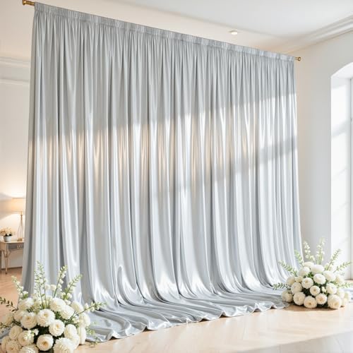 10x10ft Silver Glitter Backdrop Curtain for Parties, Wrinkle Free Satin Photo Backdrop Drapes 2 Panels 5x10FT