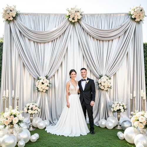 10x10ft Silver Glitter Backdrop Curtain for Parties, Wrinkle Free Satin Photo Backdrop Drapes 2 Panels 5x10FT, alternate view