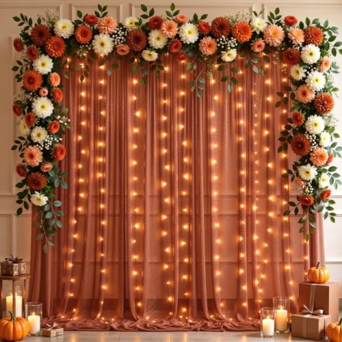 10x10ft Terracotta Tulle Backdrop Curtains with Lights String for Parties, Wrinkle Free Sheer Curtain Wedding