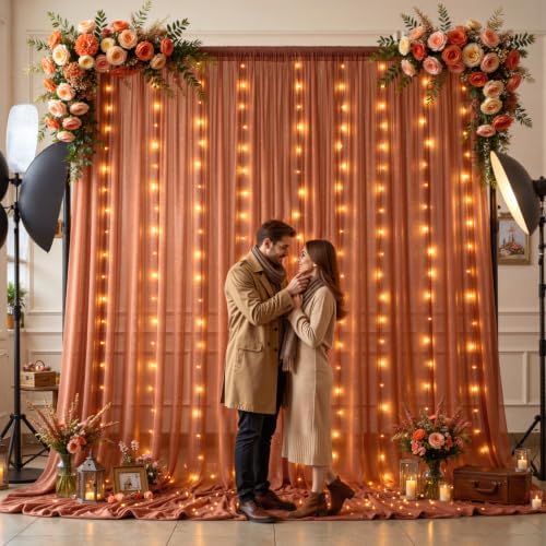 10x10ft Terracotta Tulle Backdrop Curtains with Lights String for Parties, Wrinkle Free Sheer Curtain Wedding, alternate view
