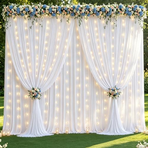 10x10ft White Backdrop Curtains with Lights String for Parties, 2 Panels in 5'(W) x 10'(H), 2 panels in White
