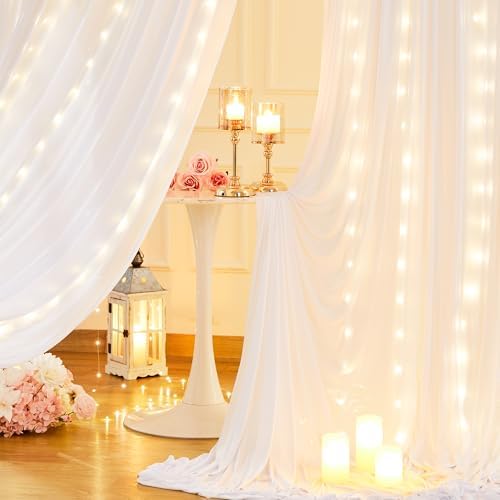 10x10ft White Backdrop Curtains with Lights String for Parties, 2 Panels in 5'(W) x 10'(H), 2 panels in White, alternate view