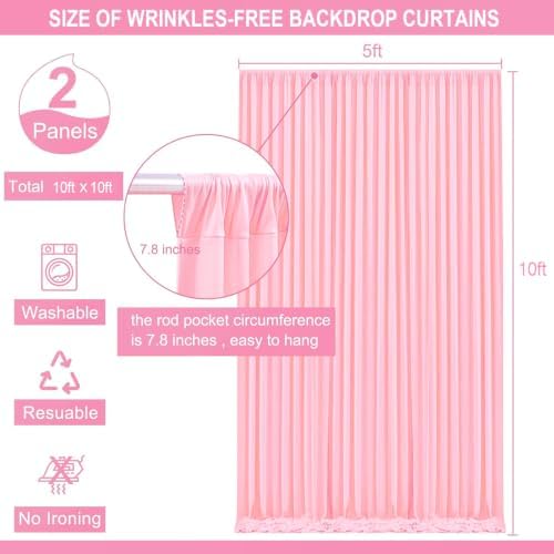 10x10ft Wrinkle Free Pink Backdrop Curtain for Parties in W5' x H10'(2 panels) in Pink, alternate view 5