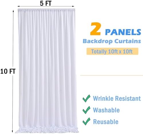 10x10ft Wrinkle Free White Backdrop Curtains for Party Background, 2 Panels 5x10ft Silky Polyester Photo, alternate view 6