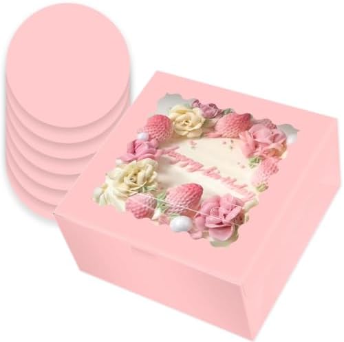 10x10x5 Cake Box, 4 Sets Pink Cake Box with Window & 4 Sets 10" Pink Cake Round Boards, 10inch Cake Containers