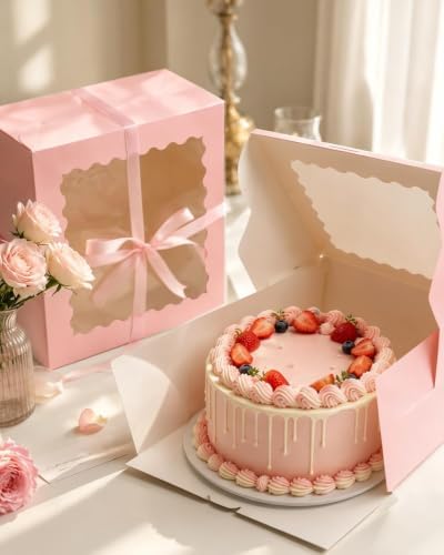 10x10x5 Cake Box, 4 Sets Pink Cake Box with Window & 4 Sets 10" Pink Cake Round Boards, 10inch Cake Containers, alternate