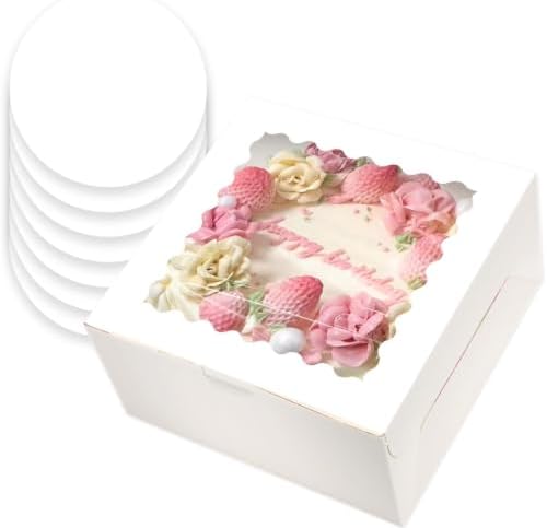 10x10x5 Cake Box, 4 Sets White Cake Box with Window & 4 Sets 10" White Cake Round Boards, 10inch Cake Containers