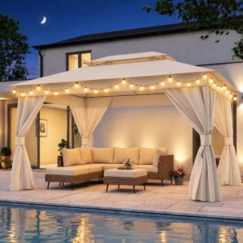 10x12 Gazebo Canopy with String Lights, Netting and Curtains in Cream White
