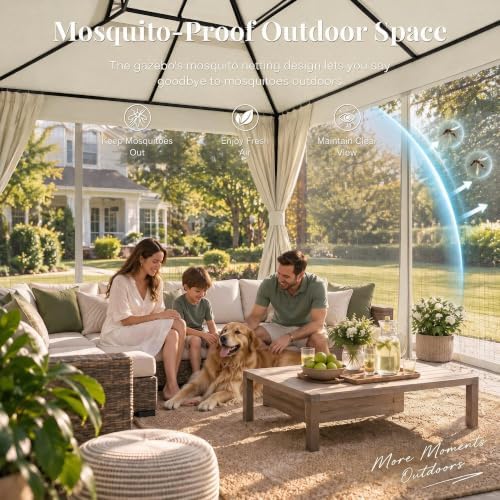 10x12 Gazebo Canopy with String Lights, Netting and Curtains in Cream White, alternate view 4