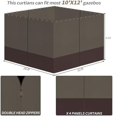 10x12 Gazebo Privacy Curtains, 4 Panels with Zipper, Khaki Brown, alternate view 3