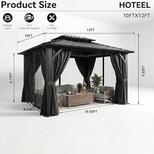 10x12 Hardtop Gazebo with Galvanized Steel Double Roof, Black in Black, alternate view 2