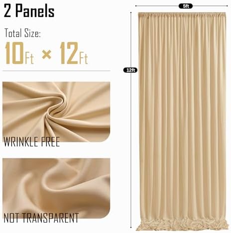 10x12ft Beige Backdrop Curtain for Wedding Parties, 2 Panels (5x12 ft Each) Wrinkle-Free Dackdrop Curtains, alternate view 6