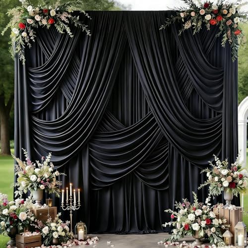 10x12ft Black Backdrop Curtain for Wedding Parties, Wrinkle Free 2 Panels 12 ft Long Silky Polyester Photo