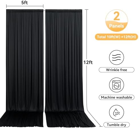 10x12ft Black Backdrop Curtain for Wedding Parties, Wrinkle Free 2 Panels 12 ft Long Silky Polyester Photo, alternate view 6