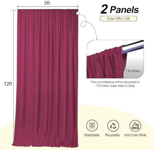 10x12ft Burgundy Backdrop Curtains for Wedding, Wrinkle-Resistant in W5' x H12'(2 Panels) in Burgundy, alternate view 3
