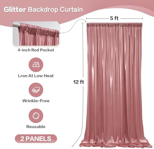 10x12FT Rose Gold Sequin Backdrop Curtain-2 Panels of 5x12FT Wrinkle-Free Glitter Drapes for Photography, alternate view 6